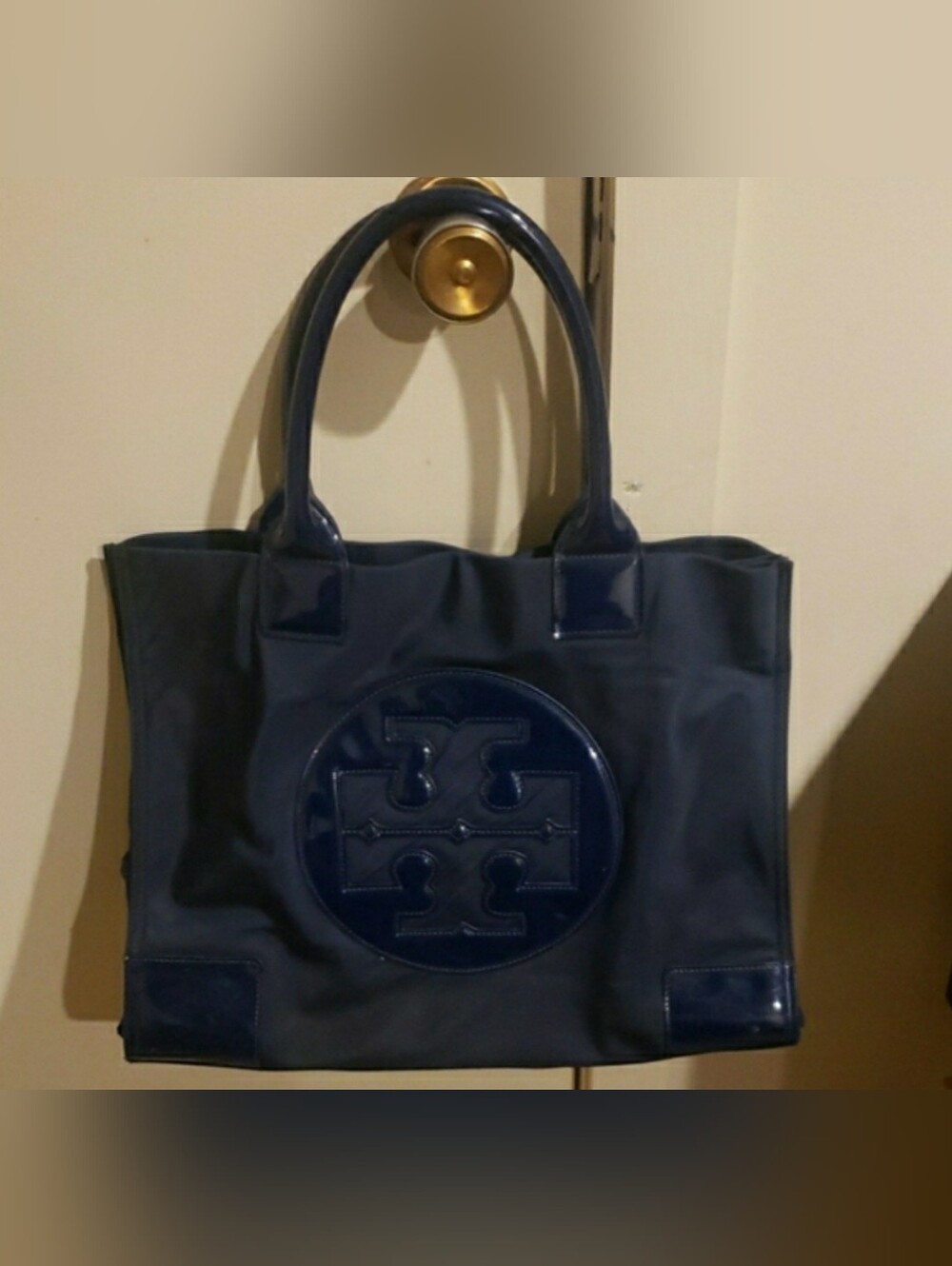 Tory Burch Navy Patent Logo Tote